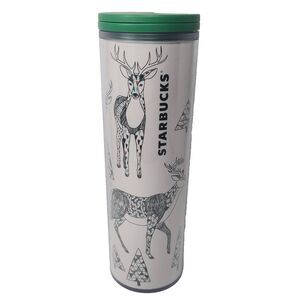 NWT Starbucks Traveler Holiday 2017 Reindeer & Trees 16oz Green Twist Lid